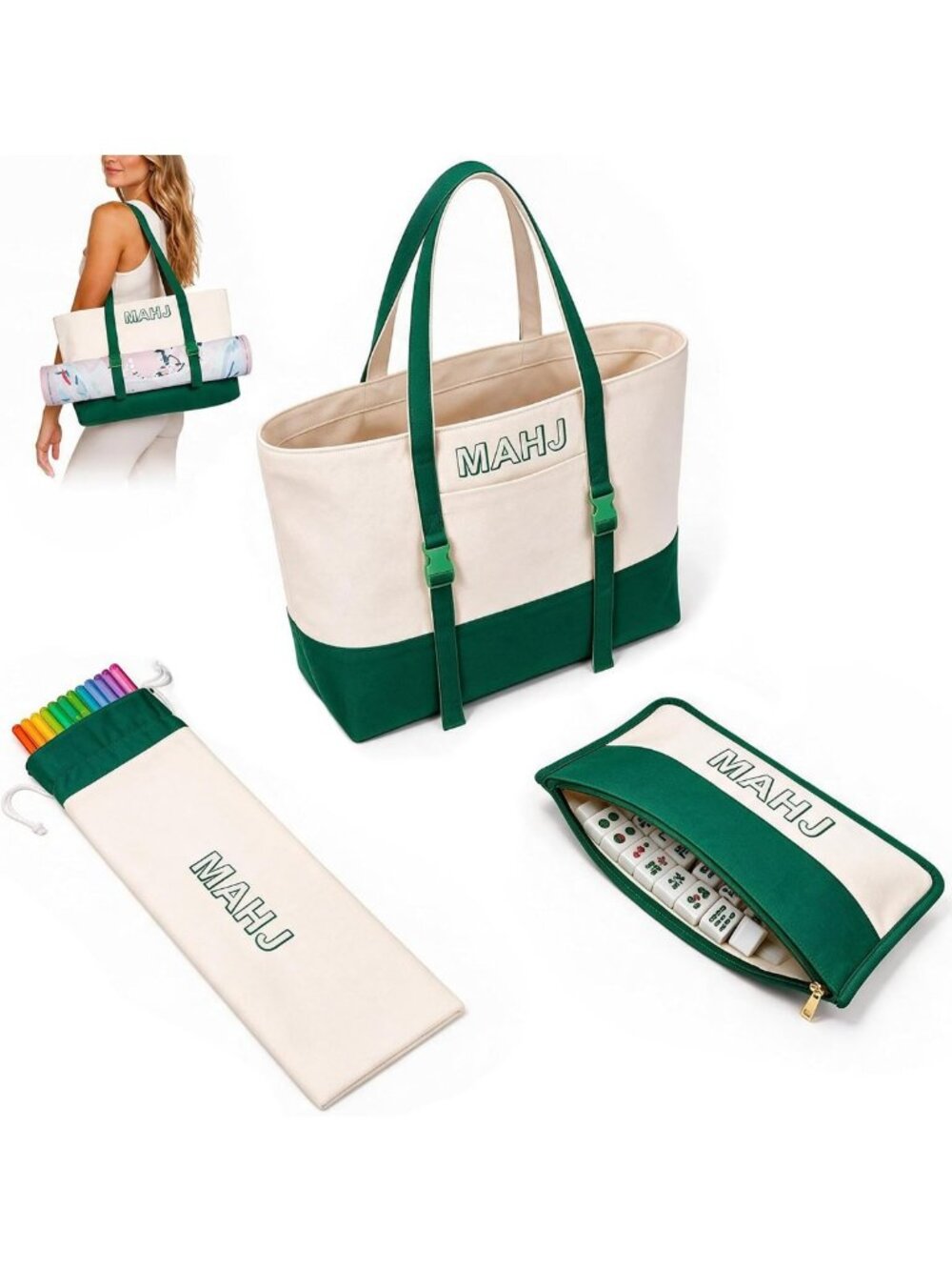 3 PCS Empty Mahjong Tile Bags with Metal Zipper for Game Tiles & Racks